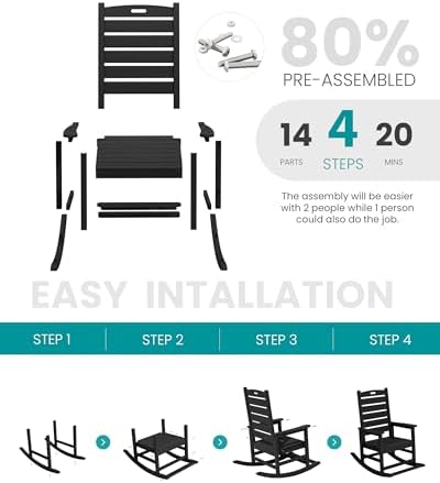 SERWALL Outdoor Rocking Chair Set of 2, Oversized HDPE Rocker, Black | Heavy ...