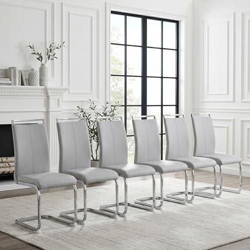 gopop Dining Chairs Set of 6, Faux Leather with Plated Chrome Metal Frame, Mo...