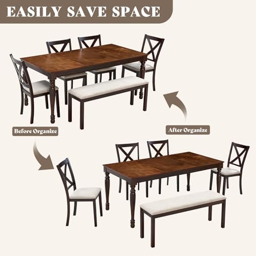 LUXOAK 6 Piece Farmhouse Dining Table Set with 71" Solid Wood Table