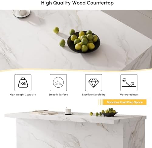 homary 72" Large White Kitchen Island with Storage & LED Lights, Woo...