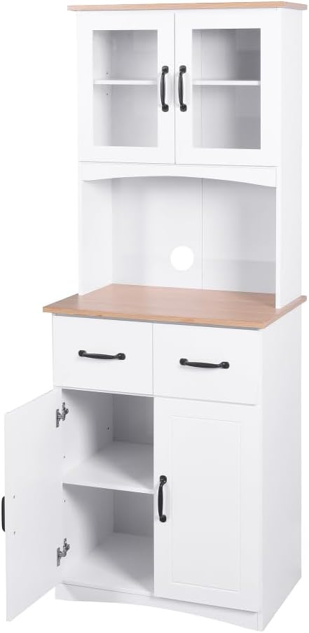 White Wooden Kitchen Cabinet, Pantry Storage Unit with Framed Glass Doors, Mi...