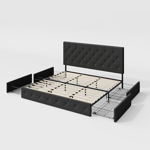 Allewie King Size Storage Bed Frame with 4 Underbed Drawers, Dark Grey