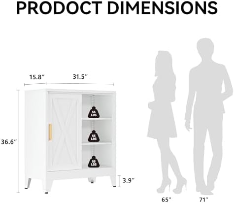 COFaR White 37" H Sliding Door Storage Cabinet, Half Open Half Closed De...