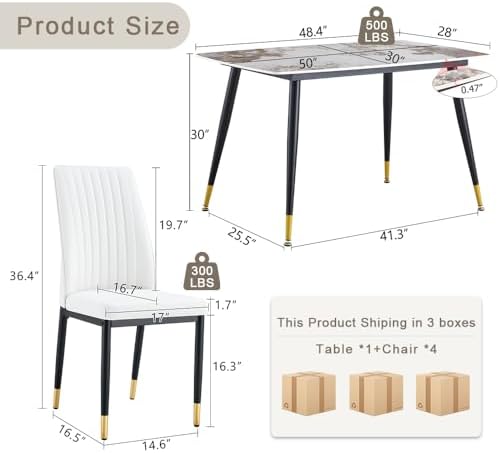 5 Pieces Modern Sintered Stone Dining Table Set 50" Rectangular Faux Mar...