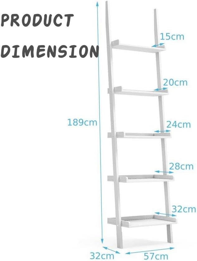 5-Tier Ladder Shelf, Wooden Wall Leaning Bookshelf Rack, Modern Display Storage Bookcase Unit for Home Office Living Room