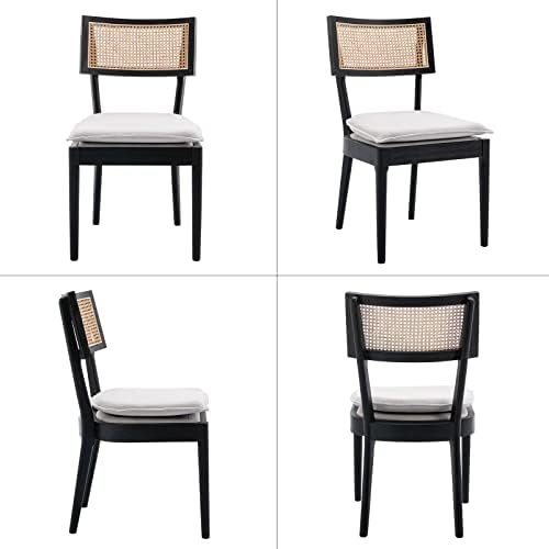Rattan Dining Chairs Set of 2, Linen Upholstered Kitchen Chairs