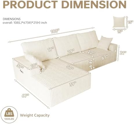 108" Modular Sectional Cloud Cream Couch for Living Room Deep Seat L Sha...