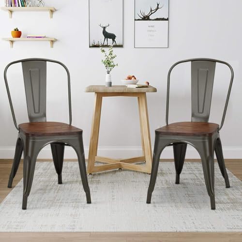 COSTWAY Stackable Metal Dining Chairs Set of 4 with Wood Seat and High Back