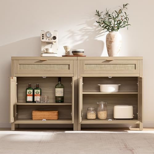 SICOTAS Sideboard Buffet Storage Cabinet Set of 2, Rattan Credenza Buffet