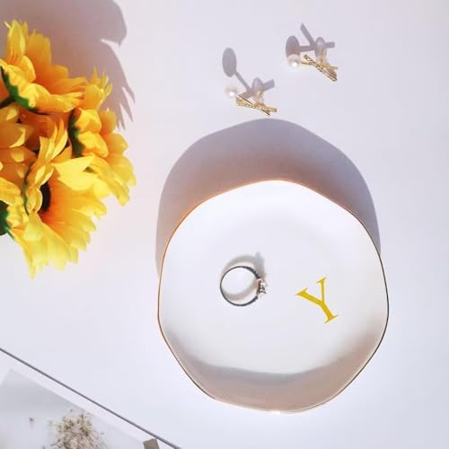 Ceramic Jewelry Tray Initial Ring Dish Personalized K-Monogrammed Engagement Wedding Gifts, for Birthday Mother's Day Christmas for Women, Ceramic White 4.75" (Y)