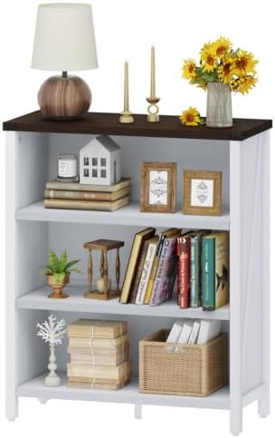 BON AUGURE Farmhouse 3 Tier Bookshelf, Wood Bookcase, White Oak & Walnut