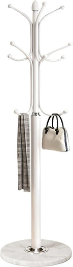 Kertnic Metal Coat Rack Stand with Natural Marble Base, Free Standing Hall Tree with 12 Hooks for Hanging Scarf, Bag, Jacket, Home Entry-way Hat Hanger Organizer (White)