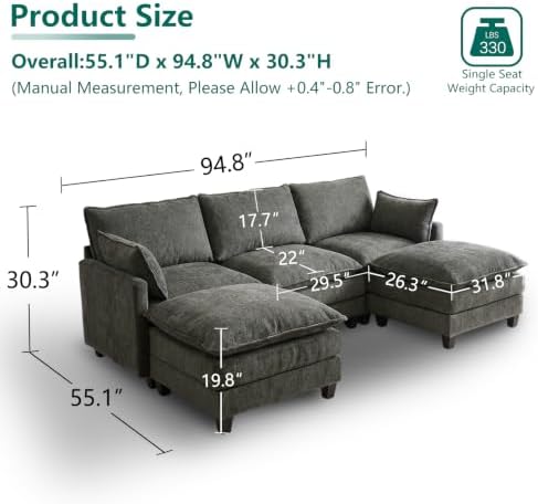 Modular Sectional Sofa, 95" U Shaped Couch, Couches for Living Room | Mo...