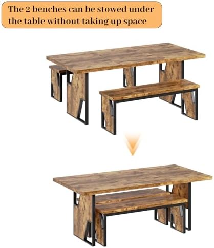 HIPIHOM 70.8" Wooden Dining Table with 2 Benches Kitchen Table and Chairs