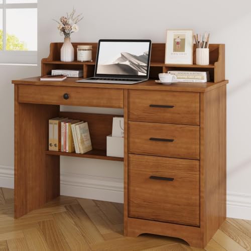 4 EVER WINNER Small Desk with Drawers for Small Spaces, 44'' Wood Des...