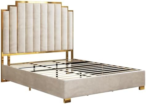 AMERLIFE California King Upholstered Bed with Gold Trim Headboard, Cream