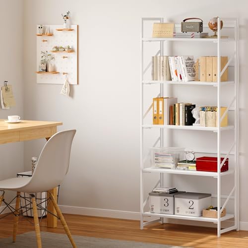 JSB No Assembly Folding Bookshelf, 5 Tier Industrial Metal Book Shelf for Sto...