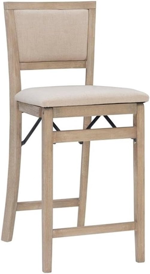 Pemberly Row Folding Counter Stool, Solid Wood Construction, Graywash Finish, Fabric Padded Back and Seat, 37 in Tall, 17 x 20 in Dimensions, Fully Assembled, Easy Storage, Extra Seating for Kitchen