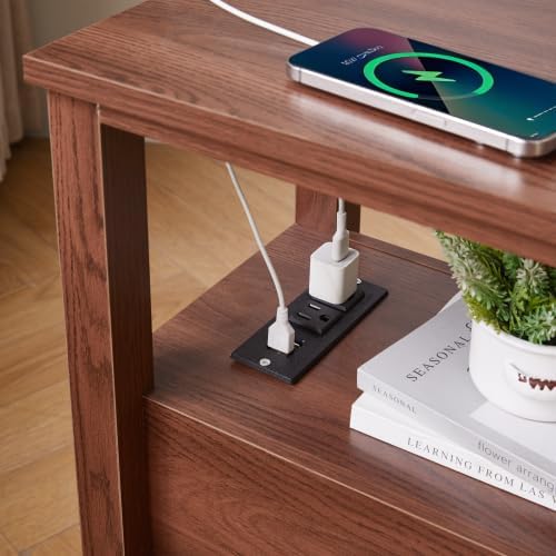 Farmhouse Nightstand with Charging Station, 18'' Wooden Bedside Table...