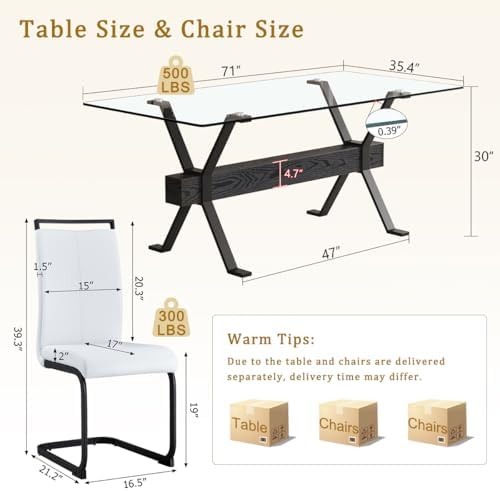 71" Glass Dining Table Set for 6｜Modern Dining Table Set for 6 with Faux Leather Chairs｜0.4" Thick Tempered Glass Tabletop｜Black Metal Legs with Black Crossbar｜Easy Assembly