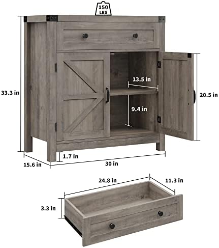 HOSTACK Kitchen Storage Cabinet, Farmhouse Coffee Bar Cabinet, Ash Gray