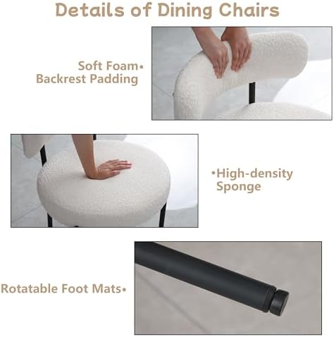 White Dining Chairs Set of 4 Round Upholstered Boucle Dining Room Chairs Mid-...