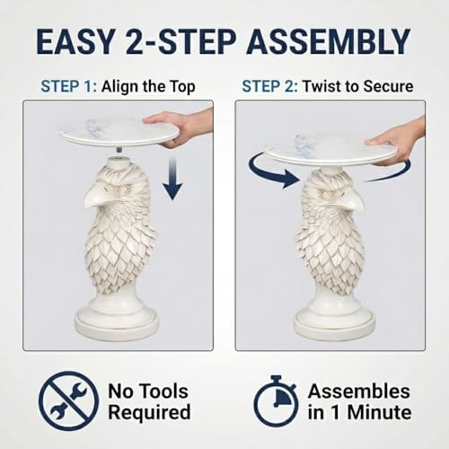 Modern Ivory Eagle Accent Table - 24.41" Minimalist White Resin Eagle Head Pedestal Table with 17.72" Round Faux Marble Top, Unique Animal Art Sculpture Side Table for Chic Home Decor, 24.25 LBS
