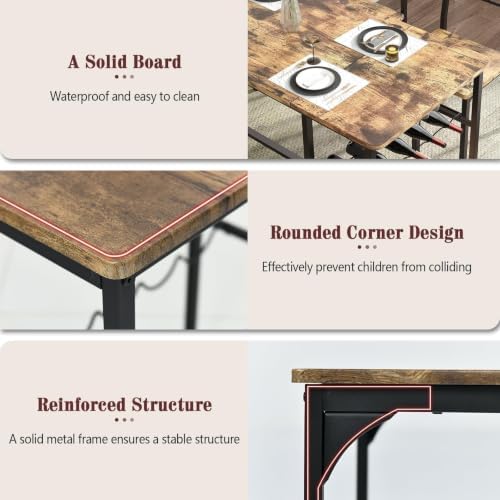 55-Inch Dining Table Set for 4 with Bench, Wine Rack, Rustic Brown | 4-Piece ...