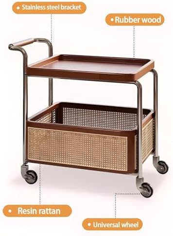 Brown Wood Rolling Side Table - 2-Tier Multi-Functional Utility Cart with Rat...