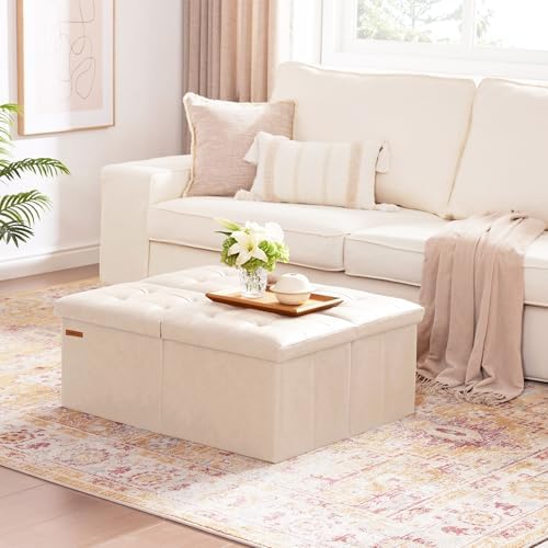 HAUSFRAU Ottoman with Storage Bench Folding Foot Rest Stool Ivory | 31.5&quot...