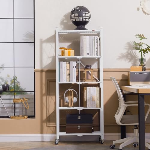 DEANIC 5-Shelf Folding Bookcase with Wheels, Rolling Bookshelf Heavy Duty Sto...