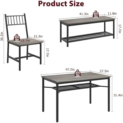 Garvee Dining Table Set for 4 with Bench and Chairs, 4-Piece Kitchen Table Se...