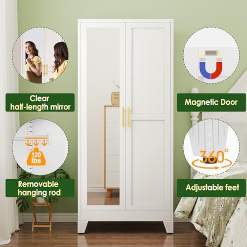 Metal Armoire Wardrobe Closet, 71" Clothing Storage Cabinet with Mirror