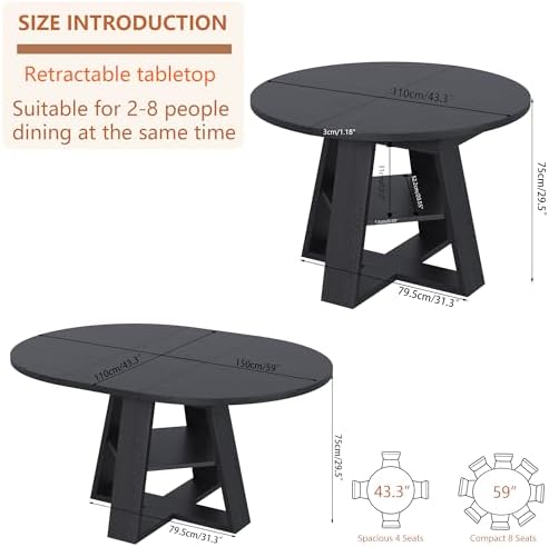 43.3"-59" Extendable Round Oval Dining Table for 4-8 with Storage S...