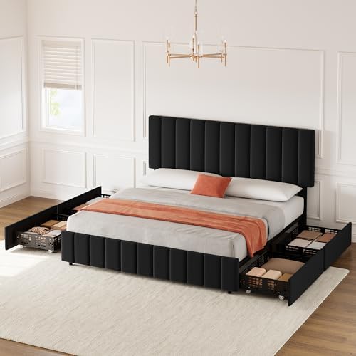 Garvee Full Size Bed Frame, Linen Bed Frame with 4 Storage Drawers, Black
