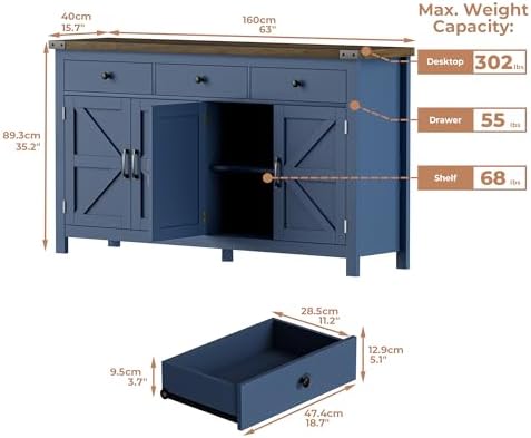 VVFLU 63" Sideboard Buffet Cabinet with Storage, Coffee Bar with 3 Drawe...