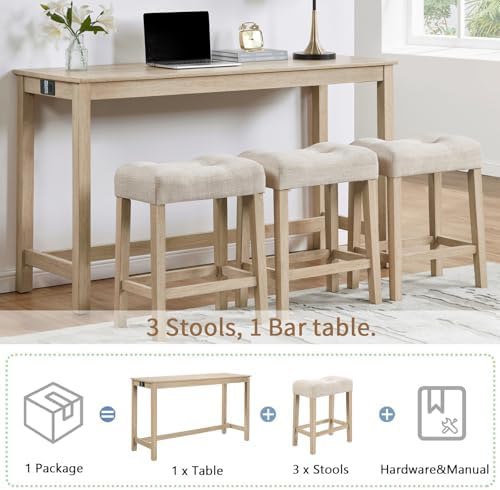 59'' Dining Bar Table and Chairs Set with Power Outlet, 4-Piece Indus...