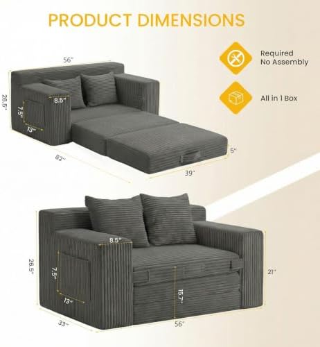 Couch, Loveseat Sleeper Sofa Bed – 3-in-1 Convertible Couch Bed with Side Poc...
