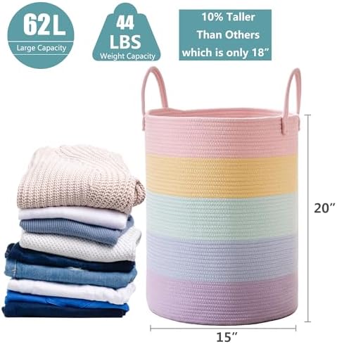 Large Rainbow Hamper Laundry Basket for Baby Girls Kids Nursery | 60L Pastel Unicorn Woven Clothes Hamper Tall Blanket Basket in Playroom Bedroom 15Dx20H inches