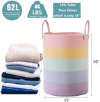 Large Rainbow Hamper Laundry Basket for Baby Girls Kids Nursery | 60L Pastel Unicorn Woven Clothes Hamper Tall Blanket Basket in Playroom Bedroom 15Dx20H inches