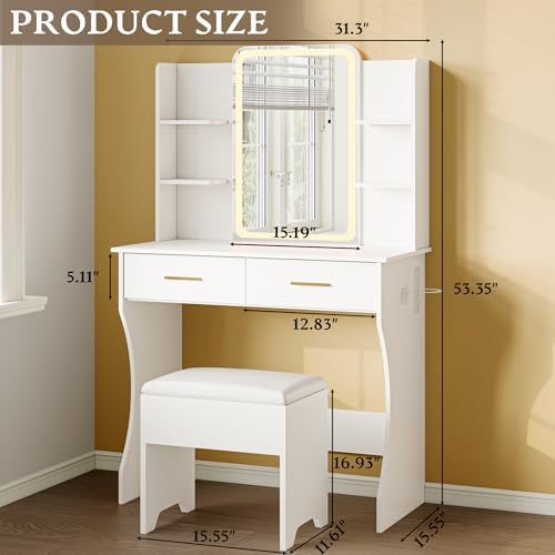 Makeup White Vanity Desk with Lights and Mirror, Small Vanity for Bedroom | V...