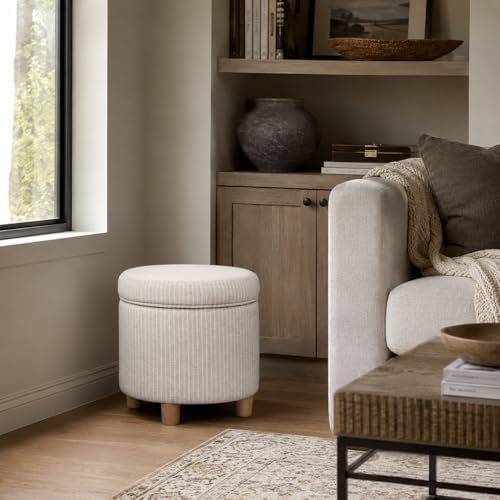 Homepop Home Decor | Upholstered Round Storage Ottoman | Ottoman with Storage for Living Room & Bedroom, White Woven Stripe