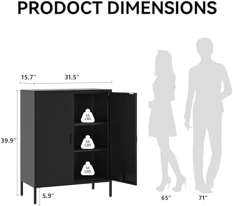 COFaR Black Metal Storage Cabinet, 40” Industrial Kitchen Organizer & Buf...