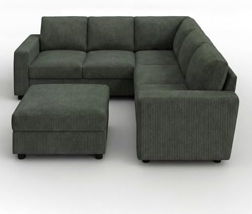 HONBAY Corduroy Sectional Sofa with Storage Ottoman, 6 Seaters L Shaped Small...