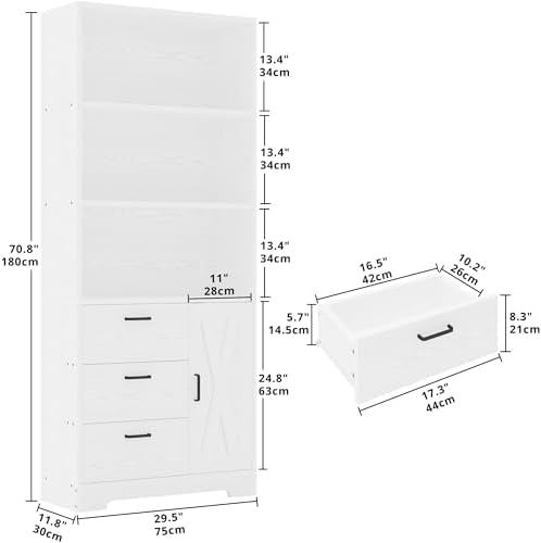 IRONCK 71 in Bookcase with Storage, Industrial Tall Bookshelf with Drawers