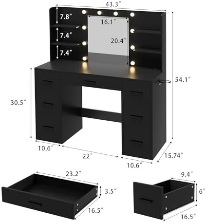 Furmax Vanity Desk with LED Mirror,Power Outlet,7 Drawers Makeup Table | LED ...