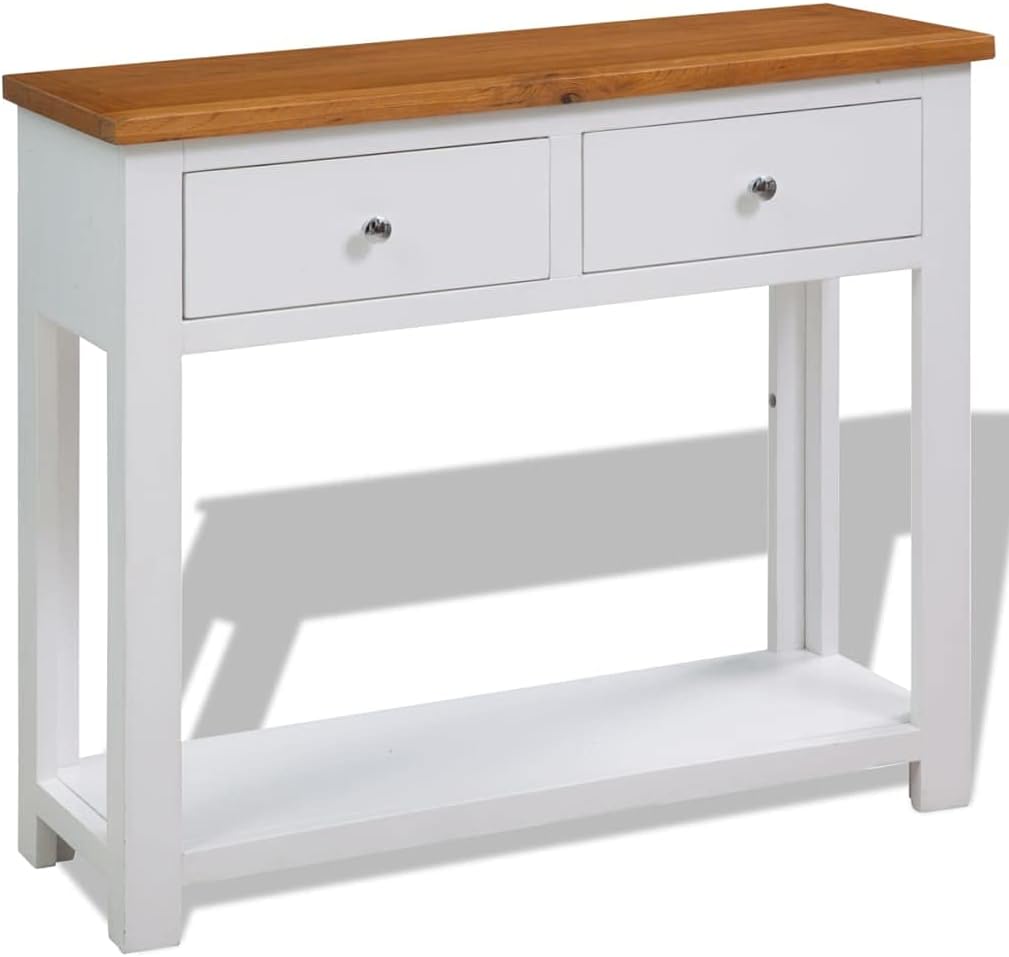 Solid Oak Wood Console Table with Drawers, 32.7"x11.8"x28.7", Rustic Small Entryway Table for Living Room, Hallway, with Shelf and Metal Knobs