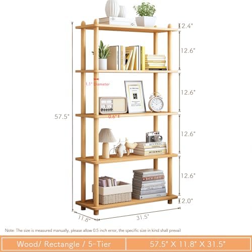 IOTXY 5-Tier Wooden Shelf Bookcase, Freestanding Open Bookshelf, Oak