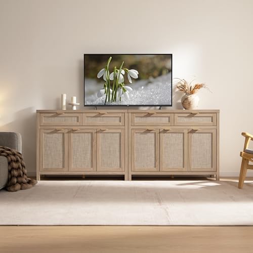 SICOTAS Rattan Sideboard Buffet Cabinet with Storage, Boho Credenza Accent