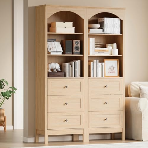 Arched Bookshelf,3 Tier Tall Bookcase with Adjustable Shelves and Drawers
